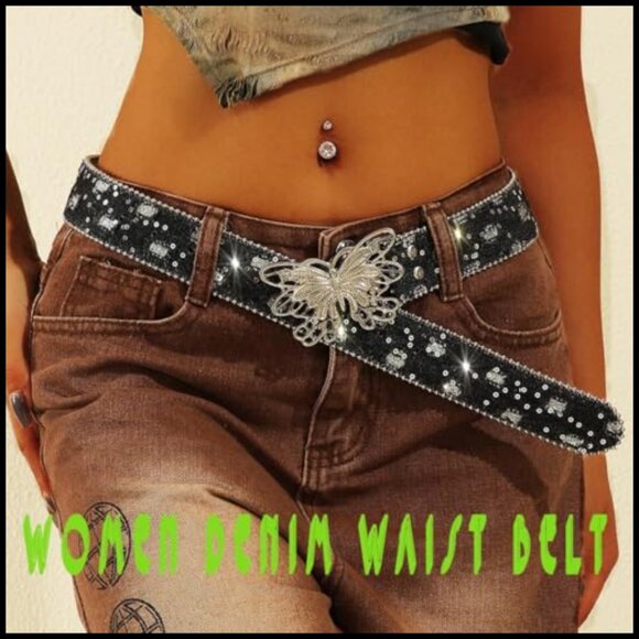 PU Leather Denim Waist Belt with Western Buckle, Butterfly Design main image 7